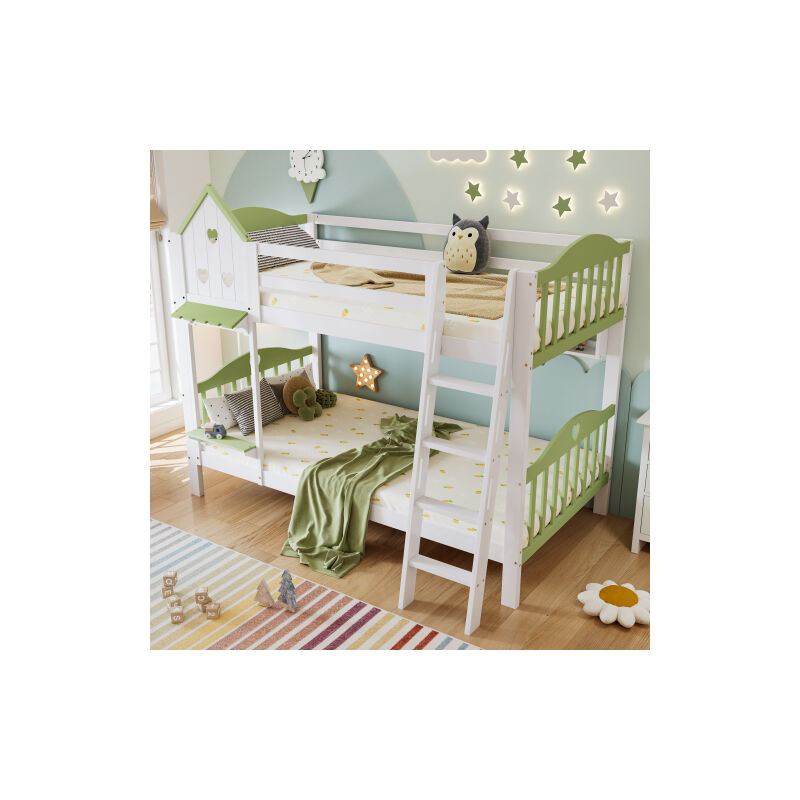 foto del prodotto hauss spole letto a castello 90x200 cm, letto per bambini con sponde di sicurezza, tetto, ripiani aperti, scaletta a 4 gradini, senza materasso,
