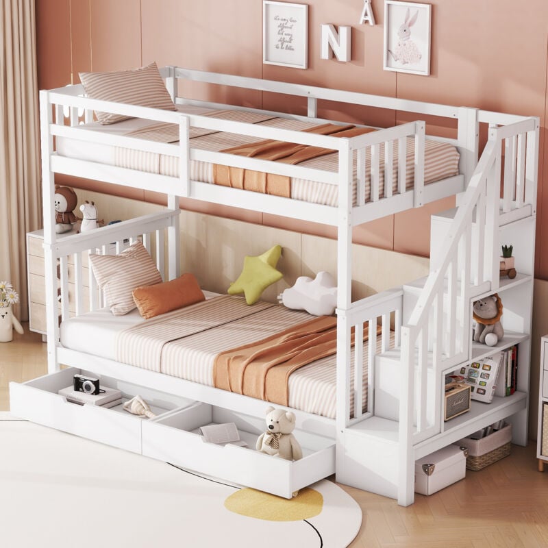 foto del prodotto hauss spole letto a castello, lettino per bambini, ripiano per scale, sponda alta, bianco 90x200cm, con 2 cassetti
