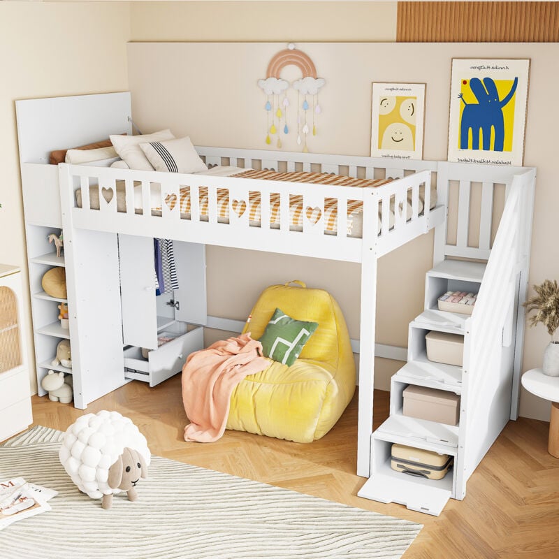 foto del prodotto hauss spole letto a soppalco 90x200 cm, letto per bambini con contenitore armadio con 1 cassetto scaletta contenitore, senza materasso, bianco
