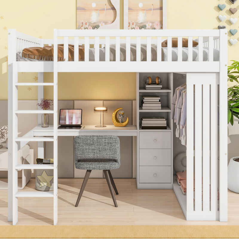 foto del prodotto hauss spole letto a soppalco 90x200 cm, letto per bambini con scrivania armadio aperto, vano contenitore, 3 cassetti, senza materasso, bianco