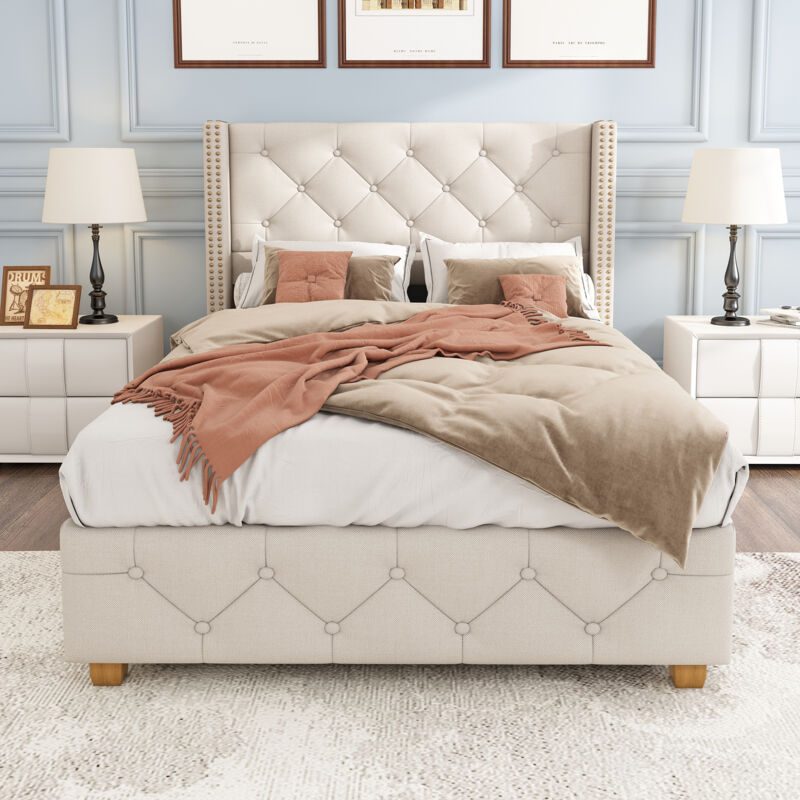 foto del prodotto hauss spole letto adulto imbottito 90x200 cm con testiera e rete a doghe, decorazione con bottoni rivetti, piedini in legno, lino, beige senza