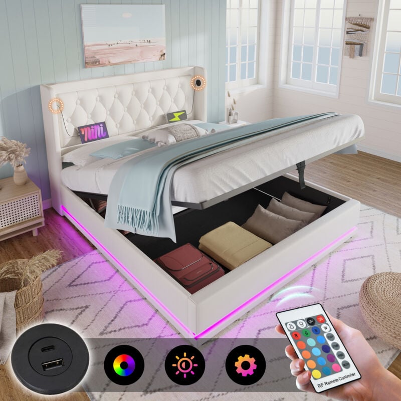 foto del prodotto hauss spole - letto contenitore 160 x 200 cm, letto contenitore idraulico, usb tipo c, led, pu, bianco senza materasso