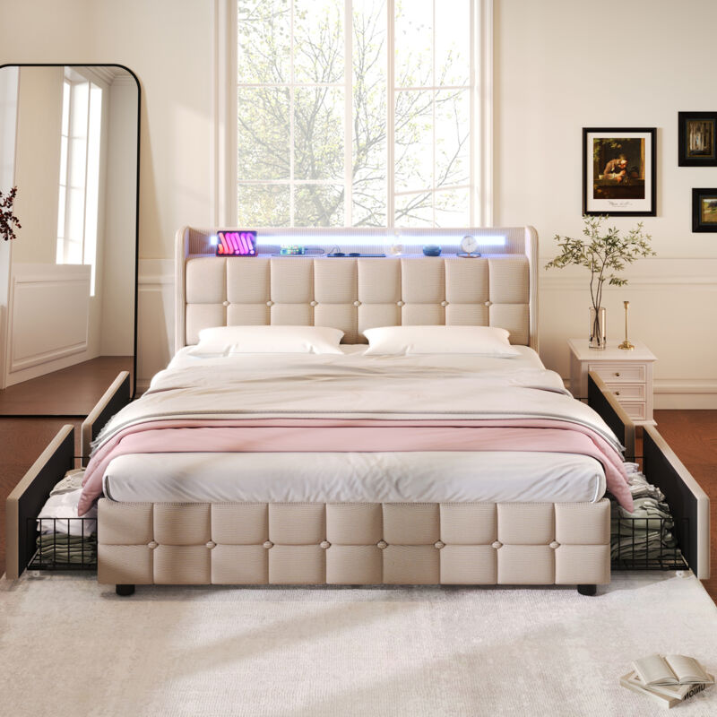 foto del prodotto hauss spole letto imbottito con 4 cassetti, ricarica led e usb, lino 160 x 200 cm, beige, senza materasso