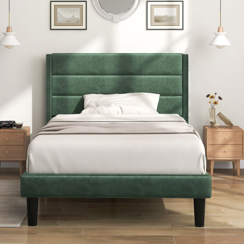 foto del prodotto hauss spole letto imbottito in velluto, senza materasso 90 x 200 cm, letto singolo, verde scuro