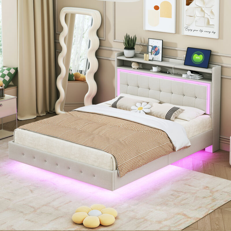 foto del prodotto hauss spole - letto matrimoniale 140x200 cm con porta usb e luce led, testiera, lino, beige