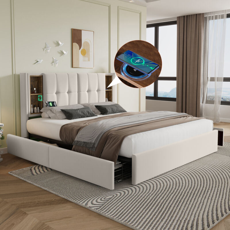 foto del prodotto hauss spole letto matrimoniale 160x200 cm, con ricarica wireless usb c, 4 cassetti, giroletto imbottito, velluto, beige senza materasso 