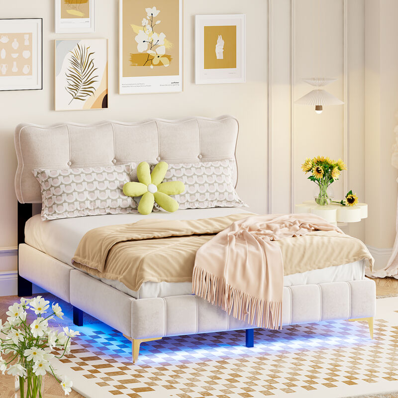foto del prodotto hauss spole letto matrimoniale imbottito, con illuminazione led, schienale, in velluto 140x200 cm, beige