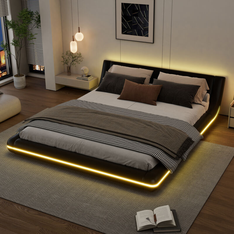 foto del prodotto hauss spole letto per adulti, letto matrimoniale, luce ambientale a led, telecomando a 24 tasti, pu, senza materasso, nero 160x200cm