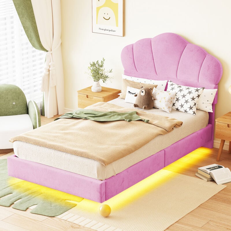 foto del prodotto hauss spole letto per bambini 90x200 cm, con led, testiera a forma di nuvola, velluto, rosa senza materasso 