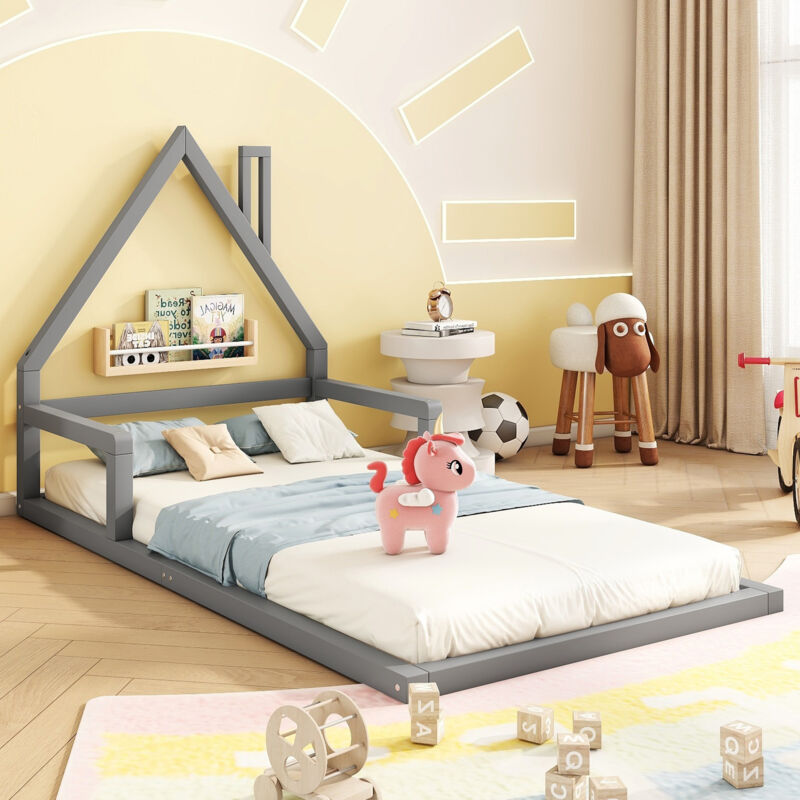 foto del prodotto hauss spole letto per bambini 90x200 cm, letto piano, a forma di casa, legno massiccio, grigio materasso non incluso 