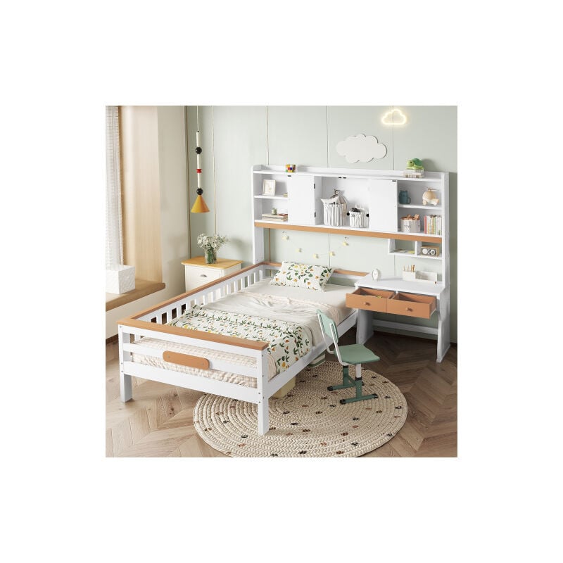 foto del prodotto hauss spole letto per bambini 90x200 cm, letto singolo con contenitore, tavolo e cassetti, struttura a l, pino e mdf, bianco e naturale