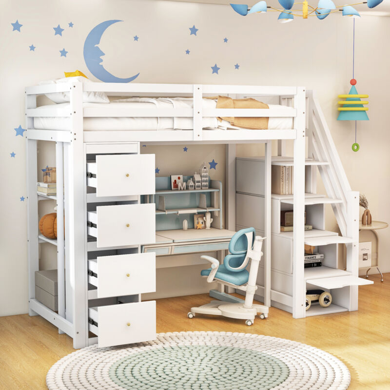 foto del prodotto hauss spole letto per bambini 90x200cm, letto a soppalco con 4 cassetti, ripiani portaoggetti, contenitore per scale, senza materasso, bianco