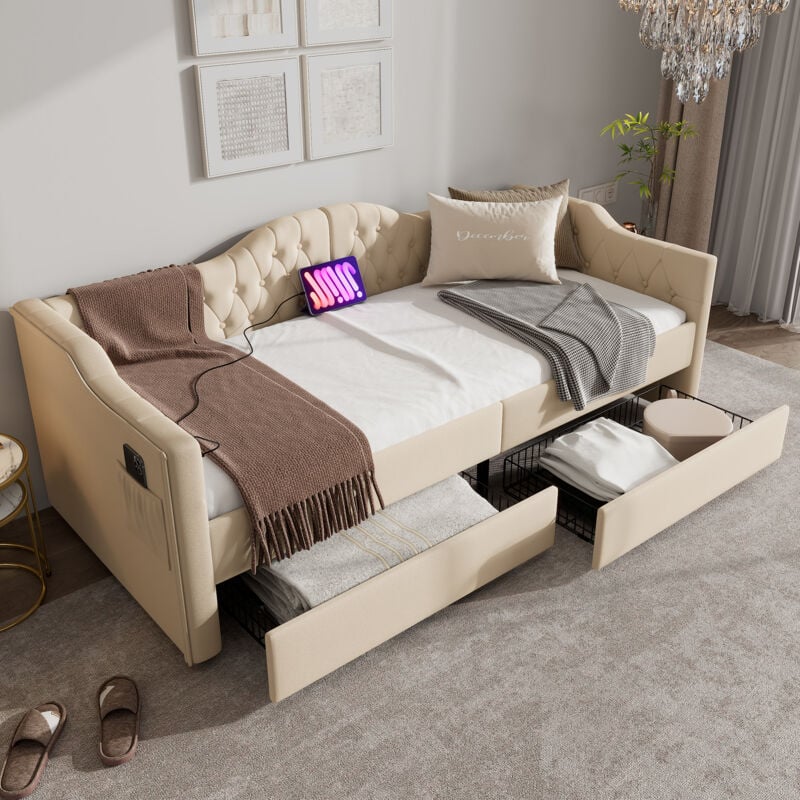 foto del prodotto hauss spole letto per bambini, divano letto 90 x 200 cm, letto singolo, funzione di ricarica usb tipo c, 2 cassetti, velluto, beige senza