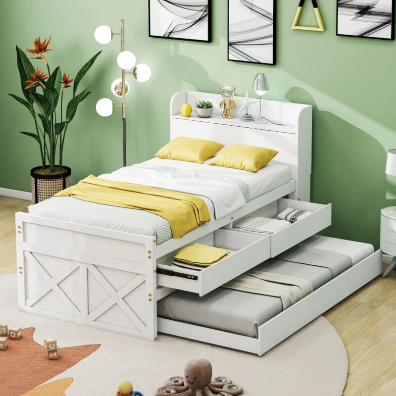 foto del prodotto hauss spole letto singolo 90x190 cm in legno con 1 letto estraibile e 2 cassetti scorrevoli, testiera contenitore con usb, bianco senza materasso 