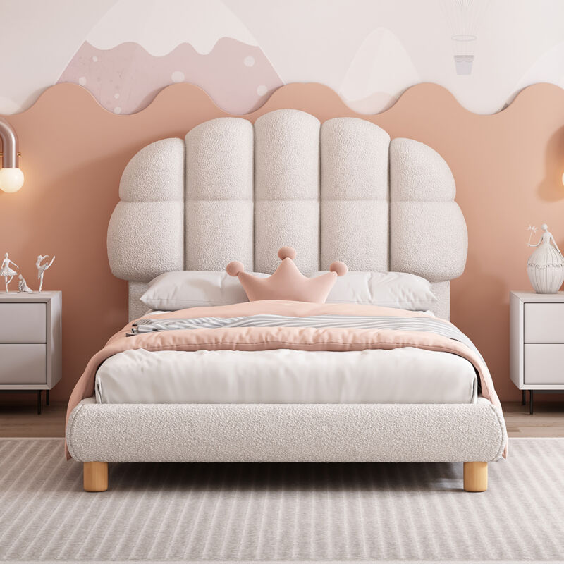 foto del prodotto hauss spole letto singolo 90x200 cm, letto per bambini, letto per giovani, letto imbottito con testiera in orsacchiotto, pu, bianco