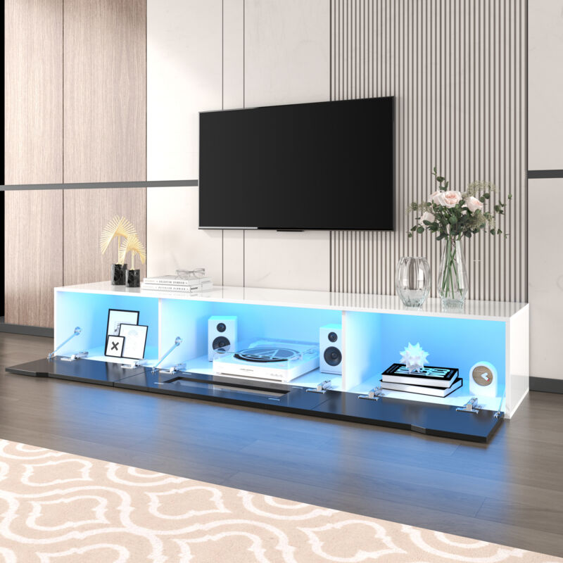 foto del prodotto hauss spole mobile tv 180x30x35, lucido, led che cambia colore, soggiorno, moderno, spazio di archiviazione, bianco nero