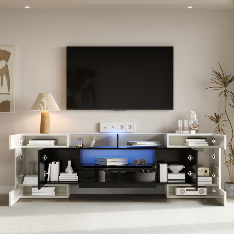foto del prodotto hauss spole mobile tv 200 cm, pannello basso, led, mobile soggiorno design moderno, superficie in vetro, bianco e nero