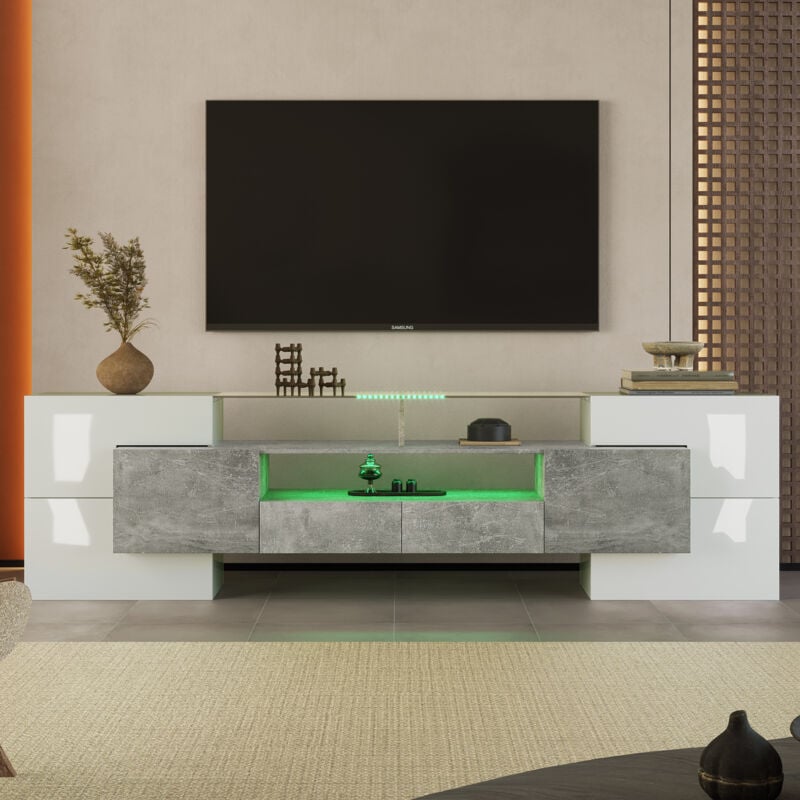foto del prodotto hauss spole mobile tv basso elegante e lucido da 200 x 30 x 60,7 cm con led e spazio di archiviazione, superficie in vetro, mdf, grigio
