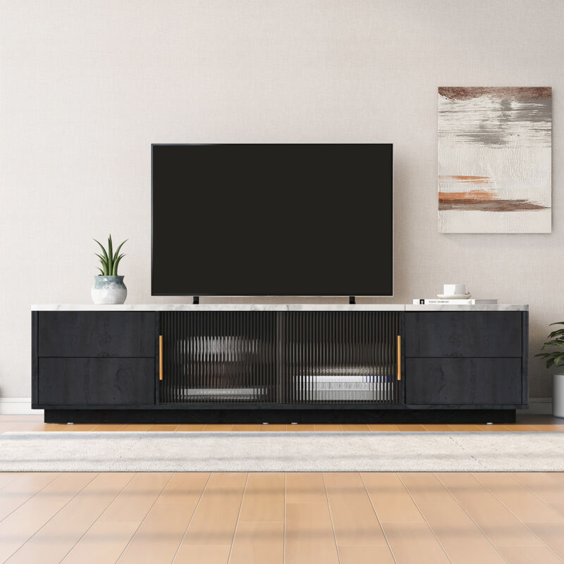 foto del prodotto hauss spole mobile tv deluxe 160 x 40 x 44,5 cm per tv da 70 elegante piano in marmo grigio, 2 ante in vetro e 4 cassetti