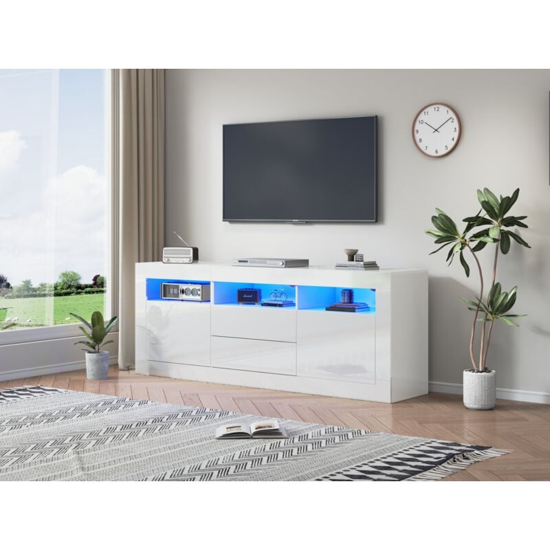 foto del prodotto hauss spole mobile tv, led, 3 scomparti aperti, 2 ante, 2 cassetti, controllo app, 160x35x60cm per tv 70 , bianco