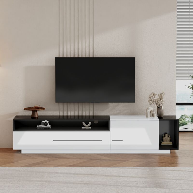 foto del prodotto hauss spole mobile tv lucido 170x38x42,3 cm con cassetti, ante e vani a giorno per tv fino a 70 pollici, bianco nero