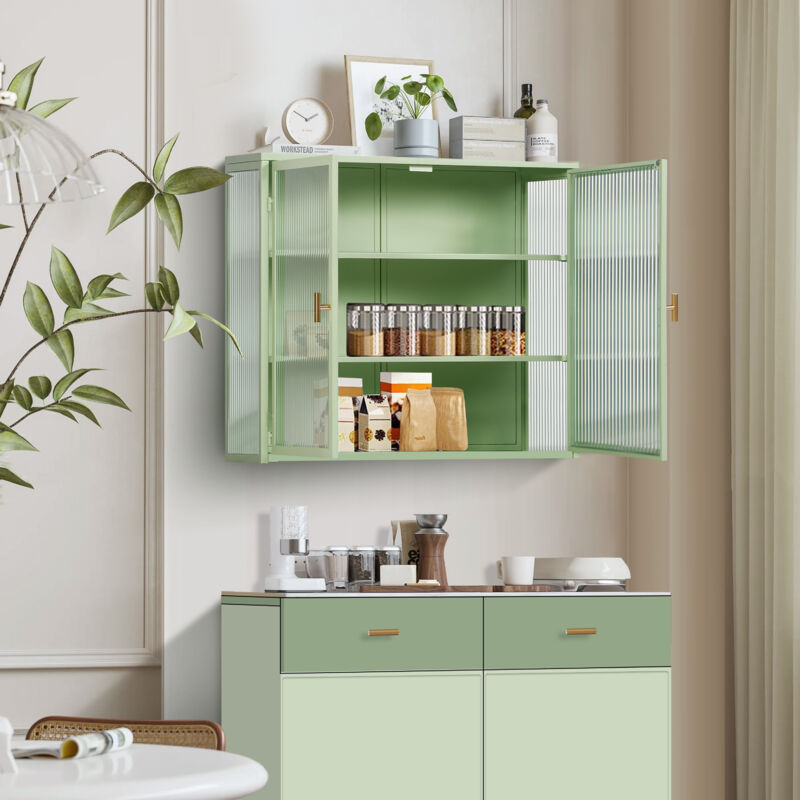 foto del prodotto hauss spole mobiletto da parete, mobiletto portaoggetti per il bagno 70x23x60cm, anta in vetro, moderno, tre ripiani, soggiorno cucina, verde