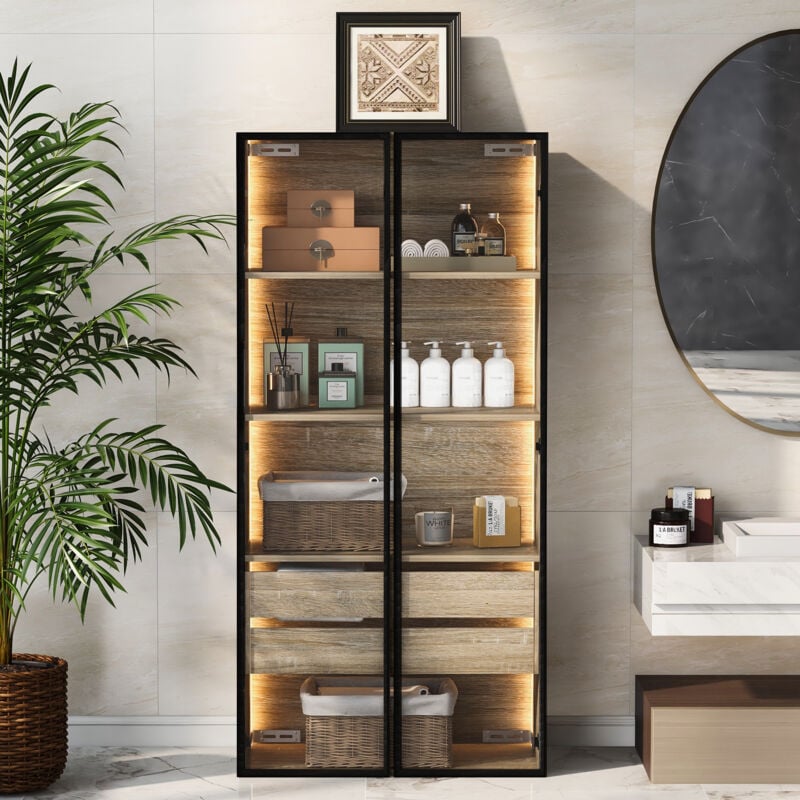 foto del prodotto hauss spole mobili bagno su piedi con 2 cassetti e 2 ante in vetro, led integrato, 74 x 36 x 155 cm, naturale