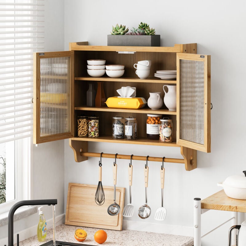 foto del prodotto hauss spole pensili cucina, mobile contenitore a 2 ante con 3 scomparti e portasciugamani, mdf, naturale, 63 cm