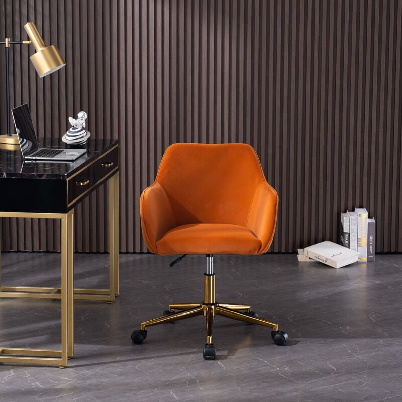 foto del prodotto hauss spole sedia, sedia da ufficio girevole, poltrona, regolabile in altezza, gambe oro, velluto, arancione