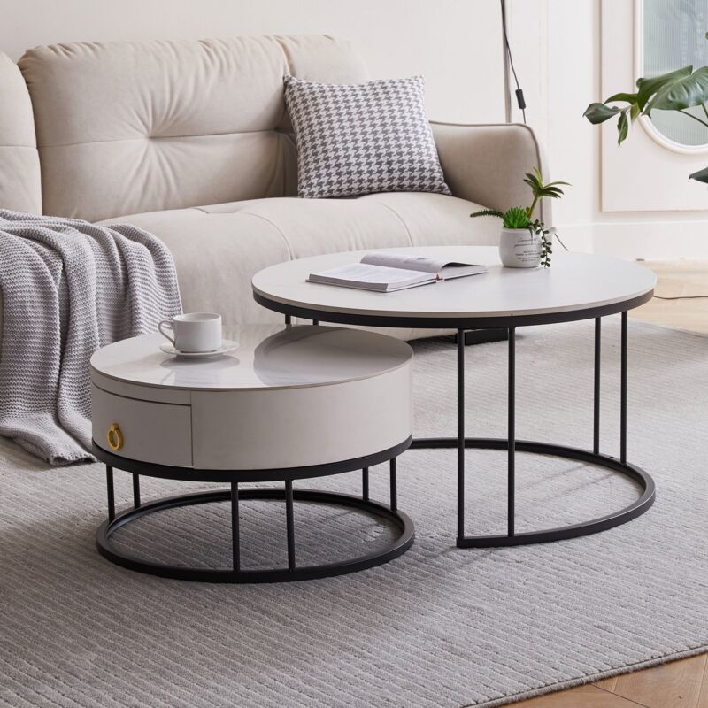 foto del prodotto hauss spole set di 2 tavolini in ardesia 70x70x45,5 cm 50x50x36 cm, tavolino rotondo, tavolino da divano con gambe nere