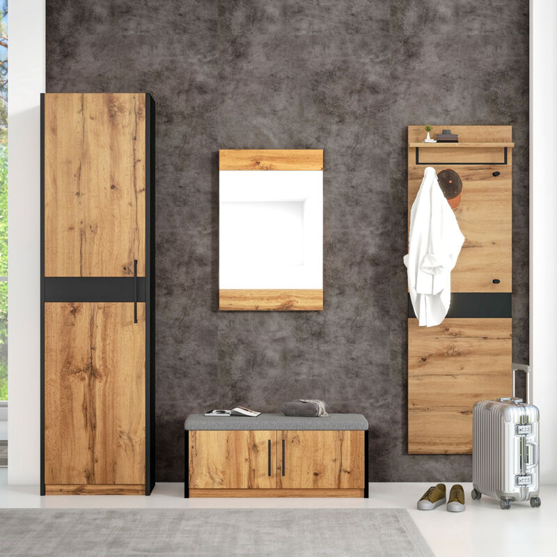 foto del prodotto hauss spole set ingresso da 4 pezzi con 1 armadio, 1 pratico mobile a muro, 1 panca e 1 specchio, altezza 190 cm, marrone