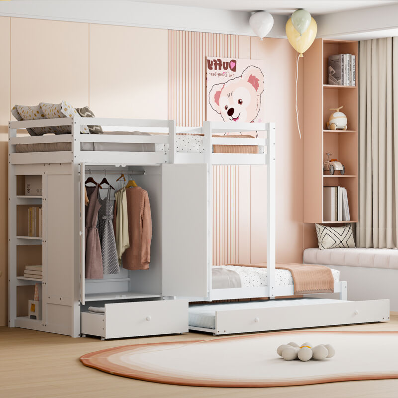 foto del prodotto hauss spole strutture letto a castello 90x200cm, letto per bambini con letto estraibile con armadio, cassetti e contenitore, in legno, bianco