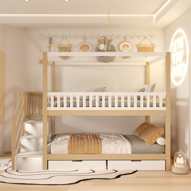 foto del prodotto hauss spole strutture letto a castello 90x200cm, letto per bambini, contenitore a forma di scala, senza materasso, 2 cassetti