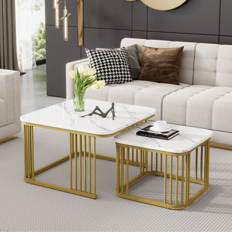 foto del prodotto hauss spole tavolini da salotto set di 2 impilabili, impiallacciatura in marmo, gambe dorate, 70x70x45 50x50x36,5cm, bianco