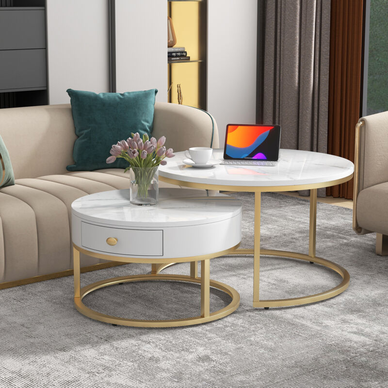 foto del prodotto hauss spole tavolini da salotto set di 2 rotondi moderni impilabili, 70x70x45 cm, tavolino laterale, lucido, bianco