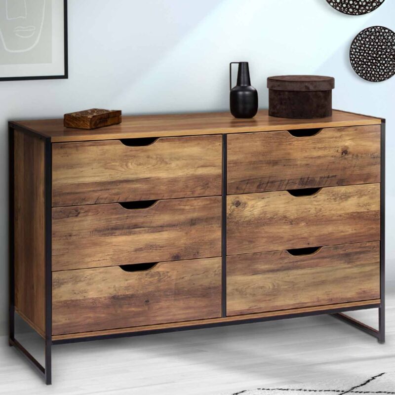 foto del prodotto hawkins cassettone a 6 cassetti da 115 cm in legno scuro, design industriale