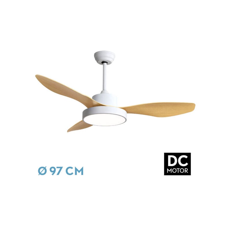 foto del prodotto hayate fan dc hayate colour white con three blades in beech colour con 6 velocit regolabili con 3 temperature de light telecomando incluso