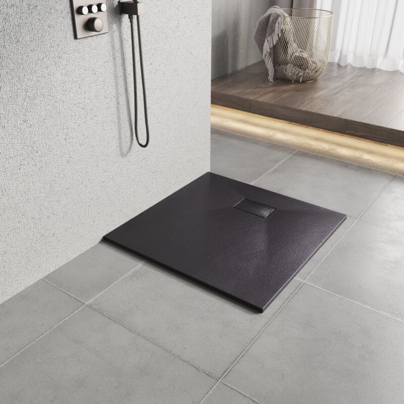 foto del prodotto heilmetz piatto doccia 80x80 cm piatto angolare, piatto doccia antiscivolo effetto pietra copertura smc, foro di scarico 90 mm nero senza