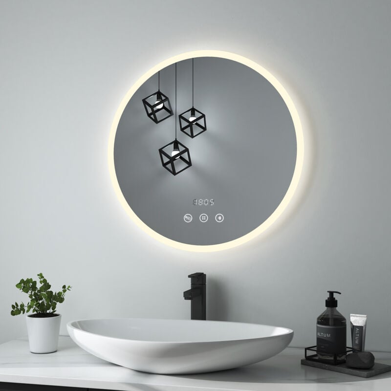 foto del prodotto heilmetz retroilluminato rotondo led specchio antiappanamento impermeabile ip44 con orologio e luce regolabile, luce naturale 4300k, diametro 60cm
