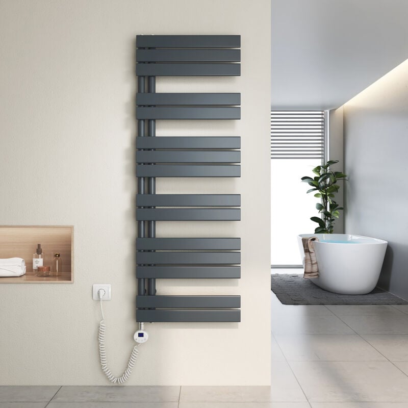 foto del prodotto heilmetz scaldasalviette elettrici unilaterale asimmetria con termostato di riscaldamento elettrico portasciugamani elettrico 140x50cm, antracite