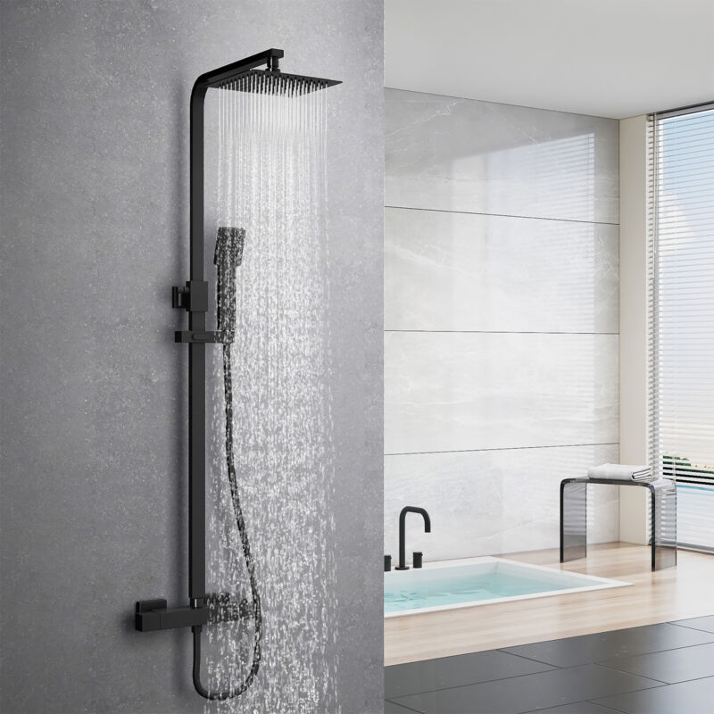 foto del prodotto heilmetz sistema doccia nero con termostato set doccia a pioggia, colonna doccia in acciaio inox 304 con soffione e doccetta, doccia a pioggia