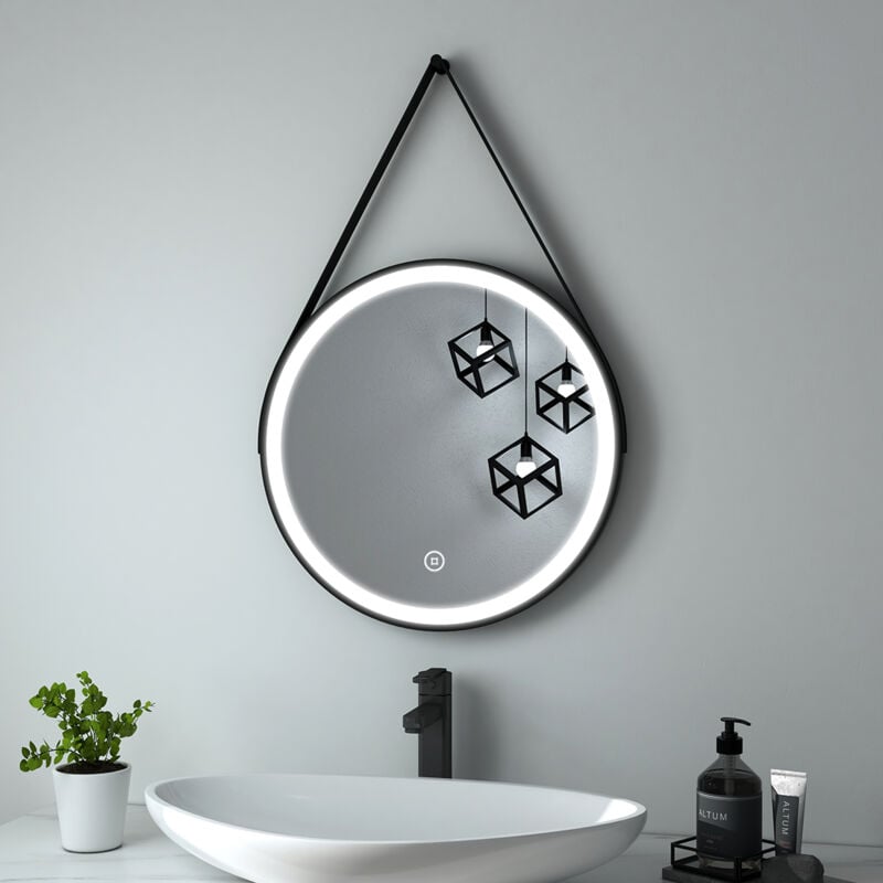 foto del prodotto heilmetz specchi da bagno con luce rotondo con luce 50cm con cinghia nera regolabile, luce bianca e interruttore a sfioramento