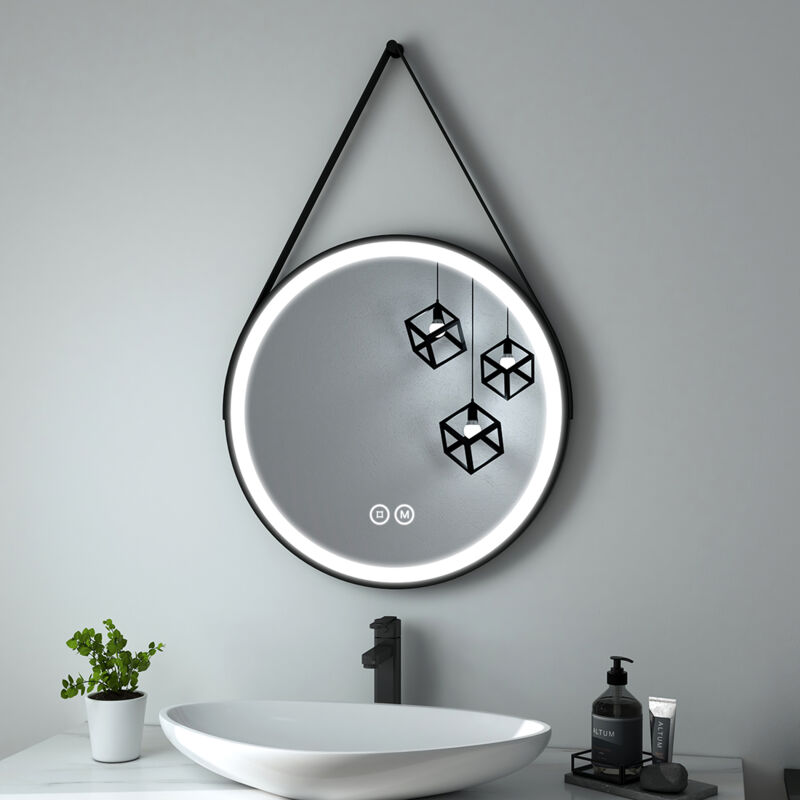 foto del prodotto heilmetz specchi da bagno con luce rotondo con luce 60cm con cinghia nera regolabile, interruttore a sfioramento e 3 colori di luce dimmerabili