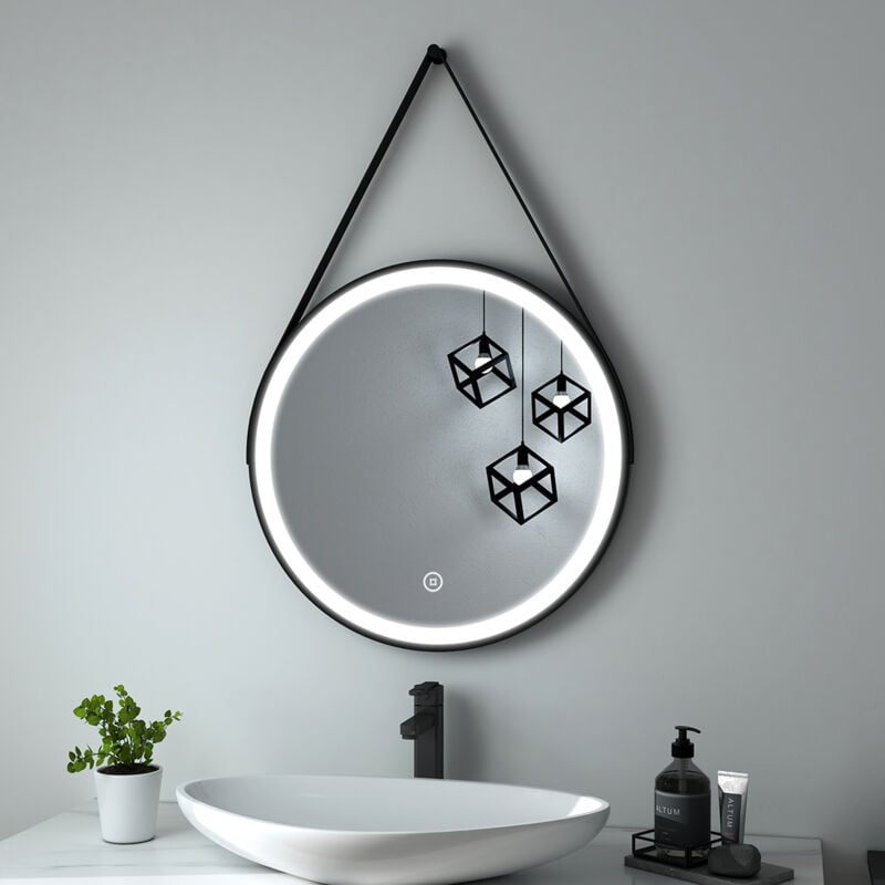 foto del prodotto heilmetz specchi da bagno con luce rotondo con luce 60cm con cinghia nera regolabile, luce bianca e interruttore a sfioramento