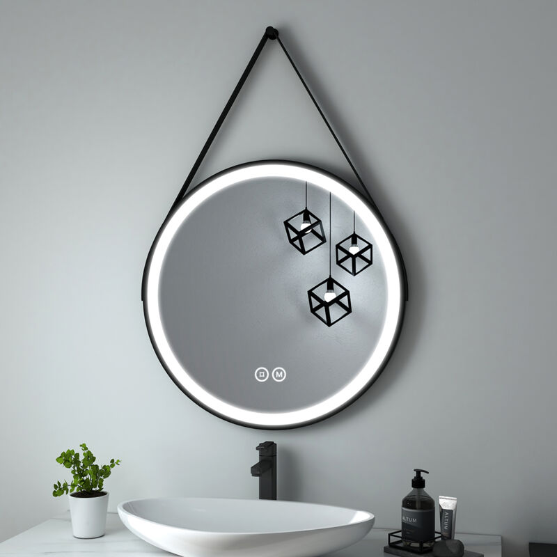 foto del prodotto heilmetz specchi da bagno con luce rotondo con luce 70cm con cinghia nera regolabile, interruttore a sfioramento e 3 colori di luce dimmerabili