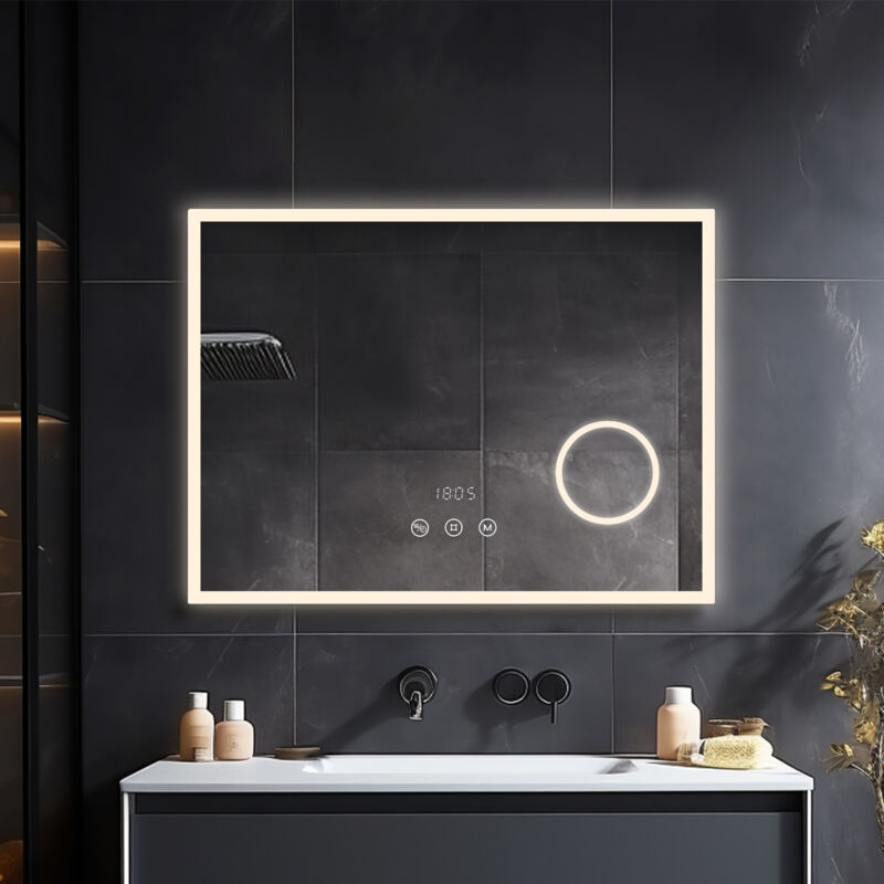 foto del prodotto heilmetz specchi luminosi per bagno antiappanamento led da muro con ingranditore 3x e orologi, luce a 3 colori regolabile specchio retroilluminato