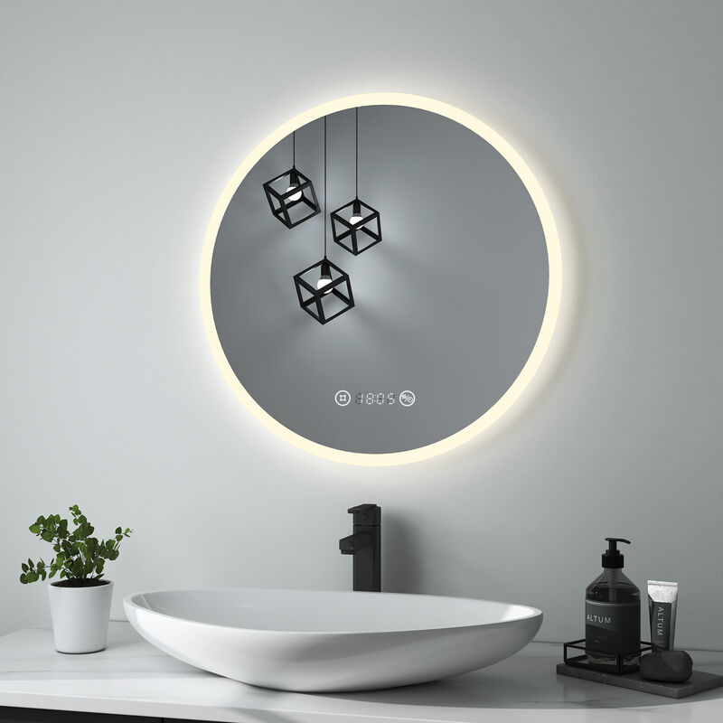 foto del prodotto heilmetz specchio contenitore bagno 60cm rotondo specchio luce illuminazione a luce naturale funzione antiappannamento display dell orologio