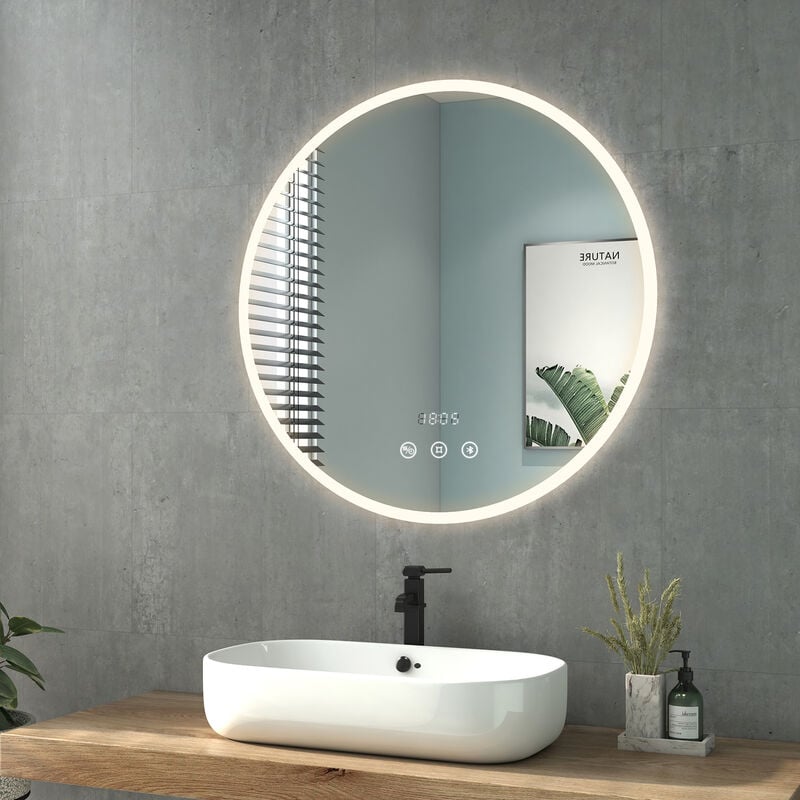 foto del prodotto heilmetz specchio da bagno rotondo con illuminazione diametro di 80 cm specchio led specchio da parete in acrilico con interruttore a sfioramento