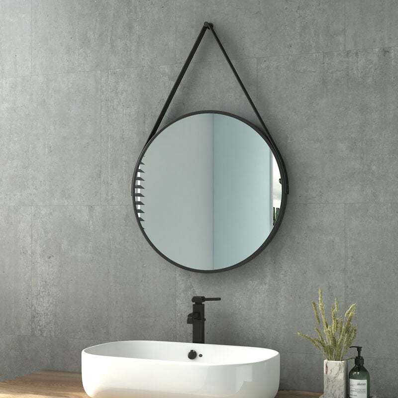 foto del prodotto heilmetz specchio da bagno specchio da bagno rotondo da 50 cm di diametro specchio da parete con cinghia regolabile impermeabile ip44