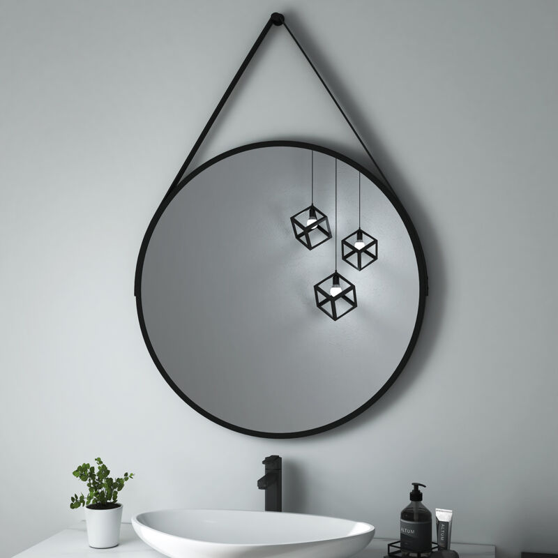 foto del prodotto heilmetz specchio da bagno specchio da parete rotondo 60cm con cinturino nero regolabile specchio retr 